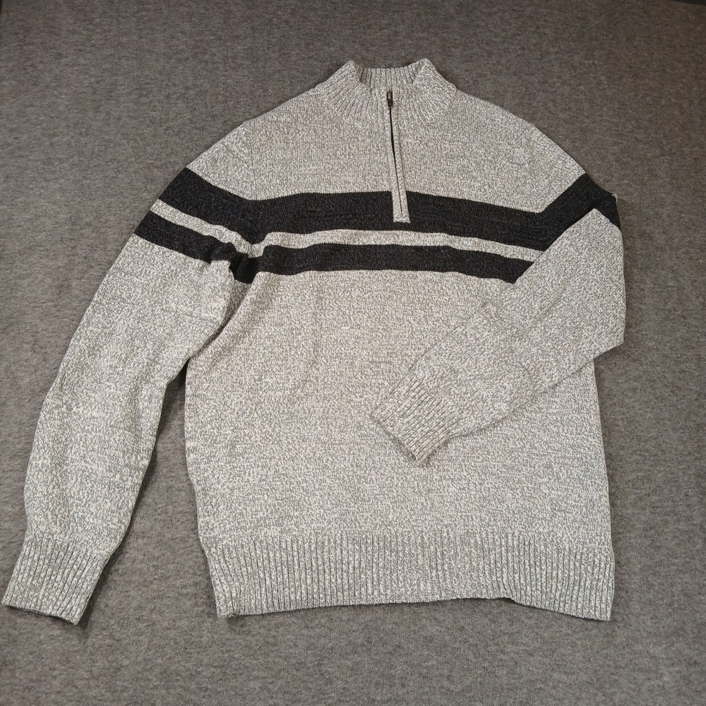 Urban Pipeline Mens Large Gray Black Striped 1/4 Zip Pullover Sweater Cotton Mix